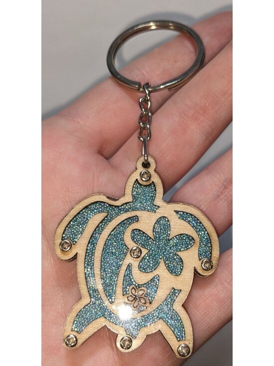 Accessories - Hawaiian Wooden Turtle Keychain With Glass Beads & Island Map Design